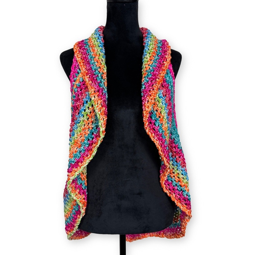 Handmade Crochet Rainbow Mandala Vest Open Front Boho Sleeveless Cardigan NEW